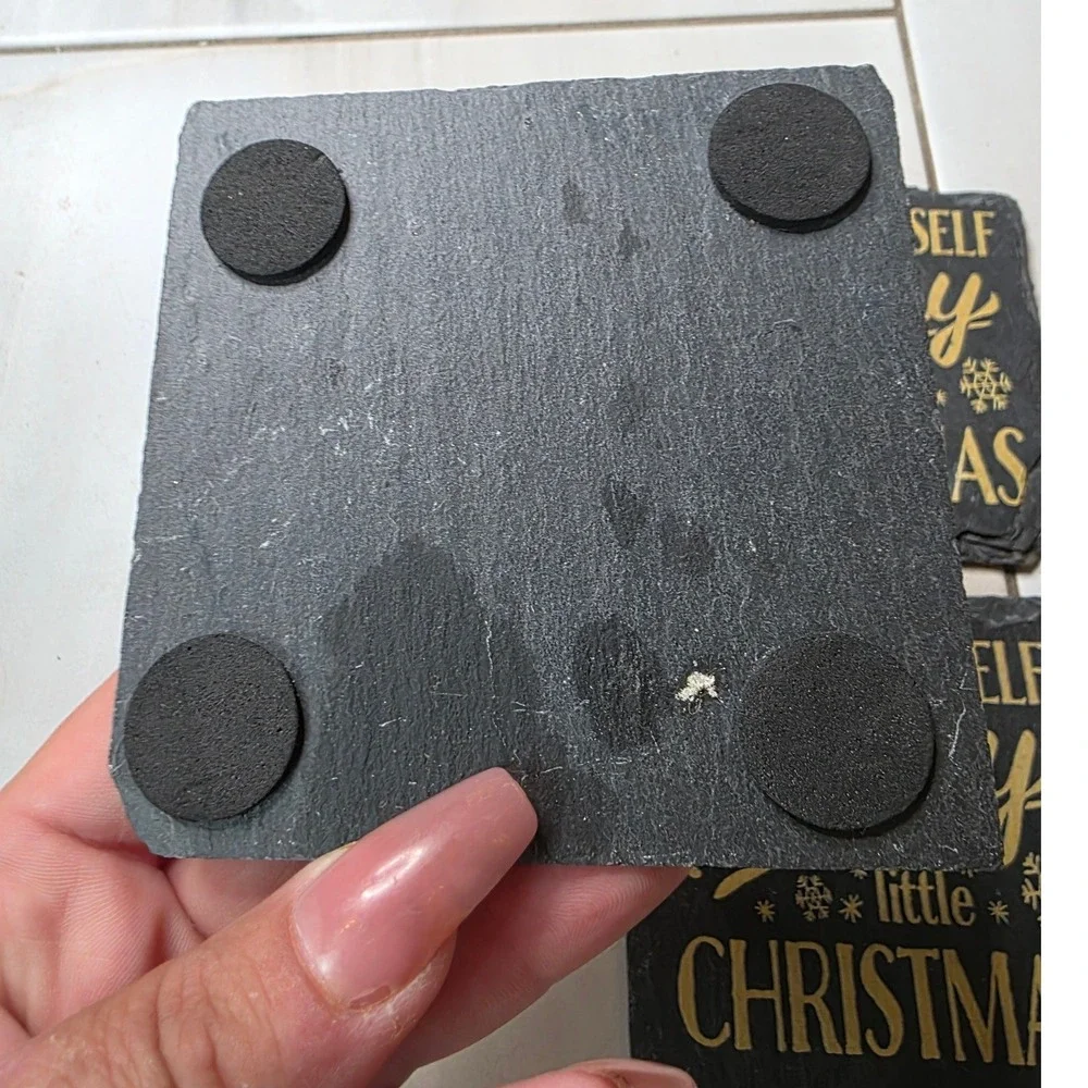 Merry Little Christmas Slate Coasters Set of 4 Black Gold Holiday Decor 4x4 G3